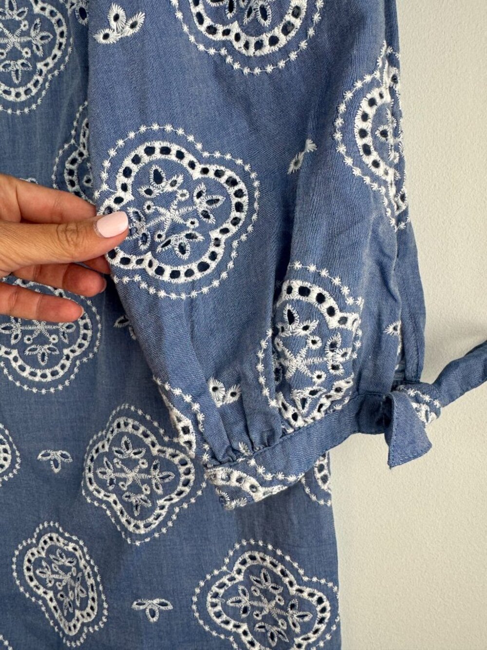 Talbots Blue Chambray White Embroidered Lined Long Sleeve Shift Dress - 16P - Picture 5 of 9